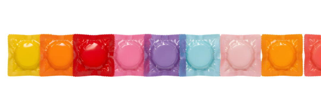 Colorful Contraceptive Condoms: A visually striking array of colorful condoms arranged in a row, showcasing a spectrum of hues symbolizing safe sex and proactive health choices. 
