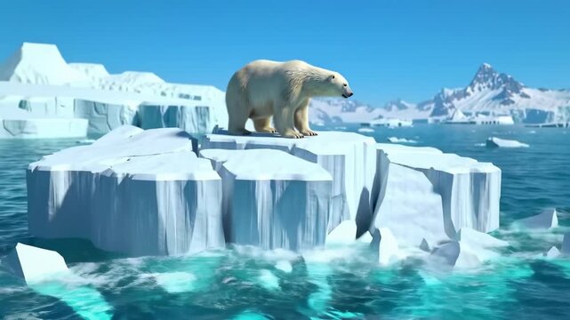 Global Warming Metaphor: 3D Polar Bear on Cracking Iceberg. Glacier Collapses into Ocean, Symbolizing Habitat Destruction and Climate Crisis.