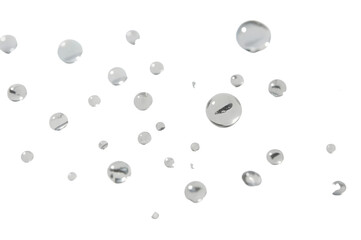 Floating Water Droplets: Transparent water droplets suspended in mid-air, reflecting light and creating a sense of purity and freshness. A perfect visual metaphor for clarity, hydration, and renewal.