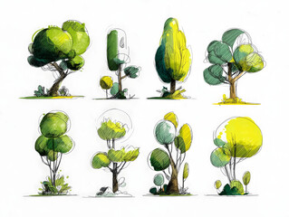 ten stylized illustration trees sketchy diagram green and yellow white background turnaround page.