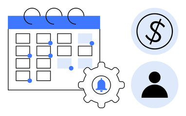 Calendar with date markers, bell in gear, dollar sign, and user icon. Ideal for scheduling, finance, planning, organization time management reminders teamwork. Balanced simple flat metaphor