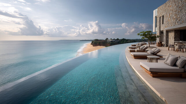 Luxurious infinity pool overlooking a stunning tropical ocean landscape.