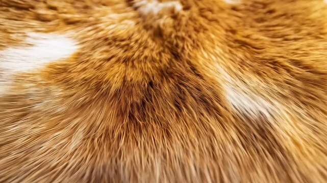 Detailed close up revealing soft, warm toned fur with intricate texture, showcasing delicate strands blending orange and white hues in a luxurious, natural pattern