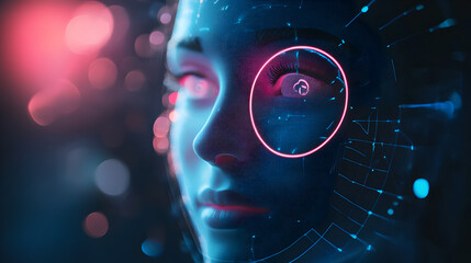 Close up of a digital face with a pink circle around the eye and bokeh lights in the background