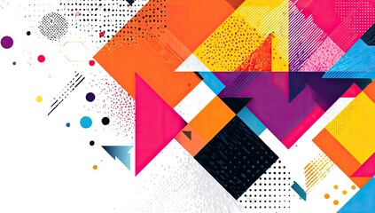 Vibrant abstract artwork featuring overlapping geometric shapes, triangles, and squares in bold colors with a textured, speckled background