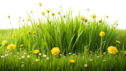 Fototapeta premium Closeup of vibrant green grass and blooming dandelions, capturing the essence of spring in a lush meadow, isolated on transparent background