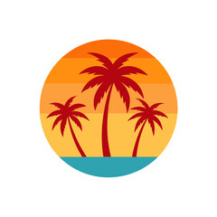 Fototapeta premium Retro sunset palm trees ocean graphic