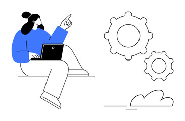Woman sitting with a laptop, pointing at gears with a cloud nearby. Ideal for teamwork, innovation, technology, process automation, growth, strategy education. Simple flat metaphor