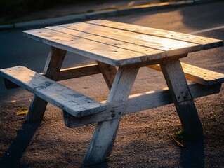 Fototapeta premium Rustic Wooden Picnic Table at Sunset Golden Hour