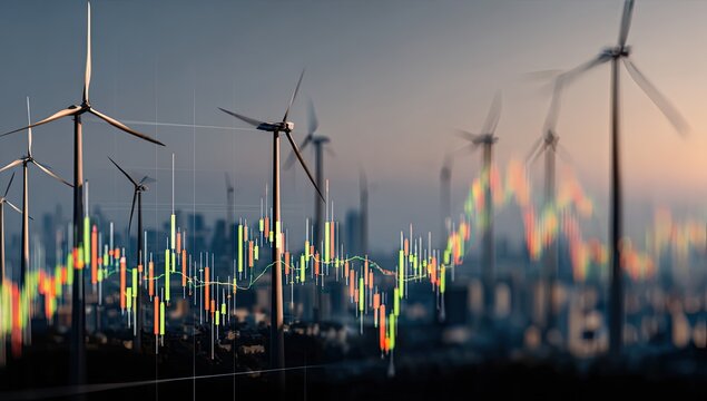 Wind turbines, city skyline, and financial charts overlay