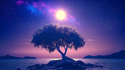 Serene Nightscape, Lonely Tree on Ocean Rock under Starlit Sky