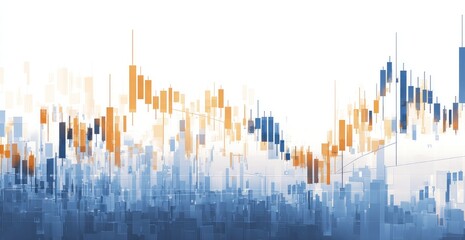 Abstract cityscape-like visualization of financial data, using candlestick charts in muted blues and oranges against a white background, suggesting market trends and fluctuations