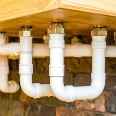 Plumbing pipes beneath wooden countertop
