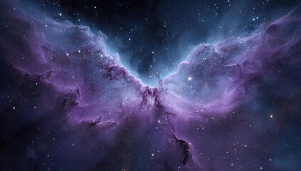 A cosmic nebula, vast and ethereal, displays vibrant purple and blue hues, swirling gases and embedded stars, resembling celestial wings