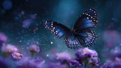 A vibrant blue butterfly in flight above a field of purple flowers, surrounded by shimmering dust particles and a blurred, dark background