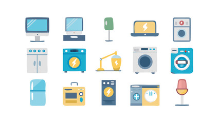 Fototapeta premium Illustration of various household appliances including washing machines and computers and refrigerators
