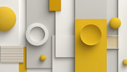 Abstract geometric composition featuring overlapping yellow and grey shapes, including spheres, circles, rectangles, and slats; creating a modern, minimalist design