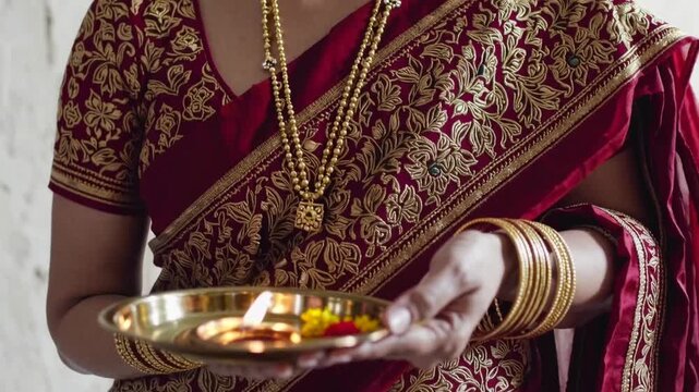 South Asian lady in ethnic attire and precious metal adornments, including bracelets, carrying dish of ceremonial offerings. South Asian traditions, celebrations, events, faith and traditional fashio
