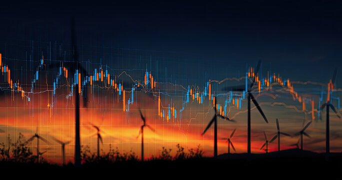 Wind turbines at sunset overlaid with stock market charts