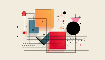 Abstract geometric composition featuring overlapping squares, circles, and triangles in muted and bright colors, connected by thin lines on a light beige background