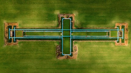 Aerial view of a large irrigation system in a lush green field, showcasing contrasting colors and geometric patterns.