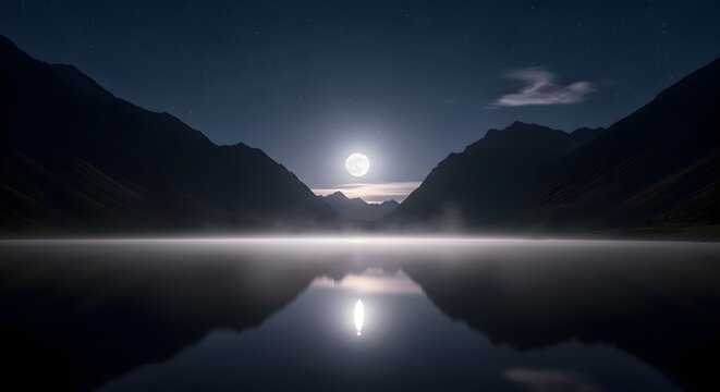 A full moon shines over a misty lake surrounded by mountains under a starry night sky - Powered by Adobe