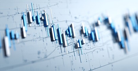 Close-up stock market chart with blue and black candlesticks