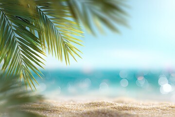Lush green palm fronds partially obscure a sun-drenched beach scene; blurred turquoise ocean and bokeh effects