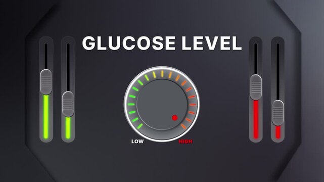 Animation of Glucose level on a circular gauge moving from low to high and back. Can be used to show increase or decrease. Perfect for health, fitness, or data content.