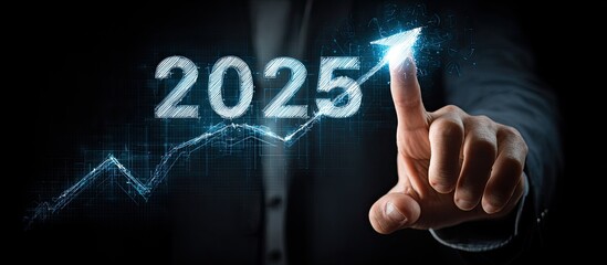 A person's finger interacts with a glowing, upward-trending graph displaying "2025," symbolizing future growth and progress