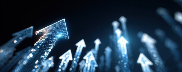 Glowing blue arrows ascend against a dark background, suggesting growth, progress, or upward movement