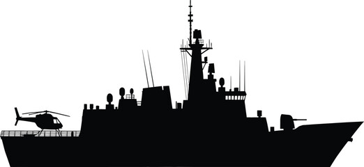 Obraz premium Silhouette of a modern warship with a helicopter on its deck on a white background