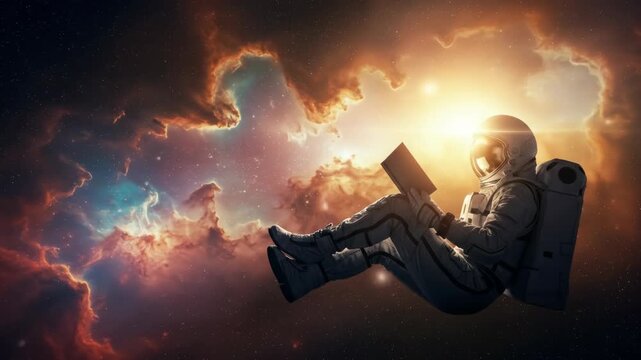 Astronaut Reading in Space Nebula - A lone astronaut floats in the vast expanse of space, engrossed in a book.