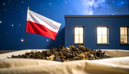 Polish flag atop a pile of soil at night