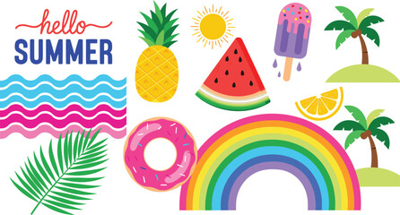 Vibrant Hello Summer Illustration fruit set  on white with Tropical Fruits, Palm Trees, Popsicle, Donut, and Colorful Waves