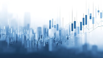 Abstract cityscape backdrop overlaid with rising candlestick and line stock market charts in cool blue tones