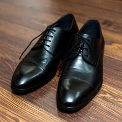 Polished black dress shoes on wooden floor