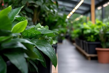 Lush indoor garden, showcasing a vibrant collection of potted plants in a greenhouse