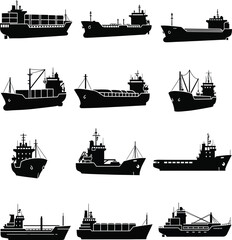 Collection of black silhouettes of various cargo and container ships cargo ship freighter