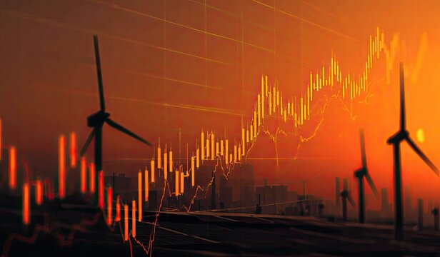 Wind turbines silhouette at sunset overlaid with a rising stock market graph, suggesting growth in renewable energy
