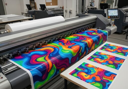 Industrial Wide Format Printer Creating Vibrant Abstract Designs on Roll Material in a Modern Printing Facility