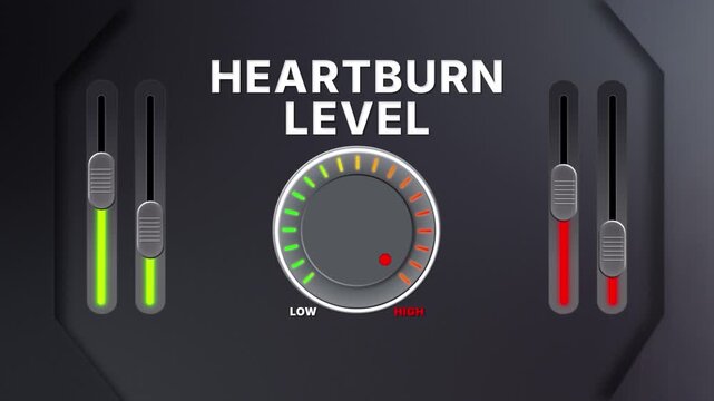Animation of Heartburn level on a circular gauge moving from low to high and back. Can be used to show increase or decrease. Perfect for health, fitness, or data content.
