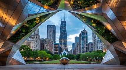 Chicago Skyline at Dusk with Reflective Diamond Sculpture, Lush Urban Park, Golden-Hour Sky, Modern Cityscape