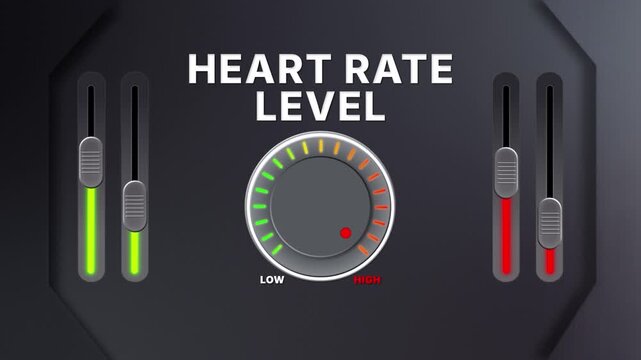 Animation of Heart Rate level on a circular gauge moving from low to high and back. Can be used to show increase or decrease. Perfect for health, fitness, or data content.