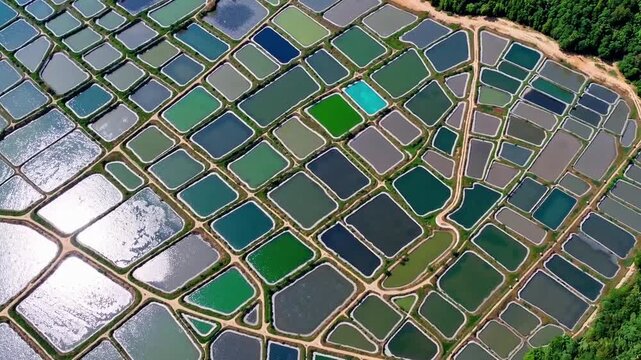 abstract aerial perspective of widespread shrimp cultivation ponds located adjacent to coastal beach area