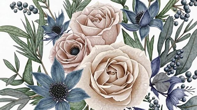 designed frame of creamy beige roses, anemones, dusty blue thistles, eucalyptus greenery, juniper, and brunia berries