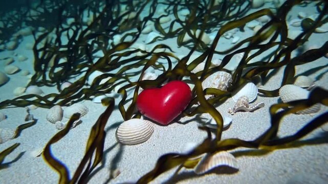 crimson heart shape found amidst bivalve shells on the ocean floor surrounded by marine algae