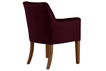 back view of a classic armchair upholstered in a luxurious deep burgundy or wine-red fabric with elegant wooden legs. This comfortable piece of furniture is isolated on a transparent background