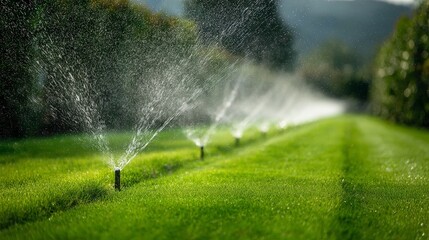 Sprinklers watering a lush green lawn on a sunny day, creating a refreshing and vibrant scene.