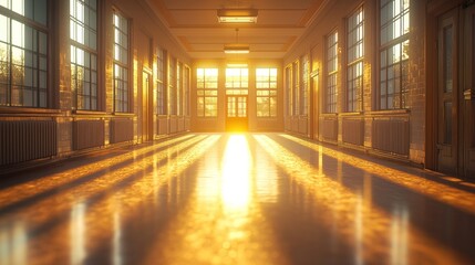 Early morning school corridor with soft golden sunlight entering through side windows, casting long shadows on polished linoleum floor  